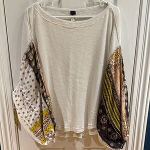 Free People White Top with Multicolor Patchwork Sleeves